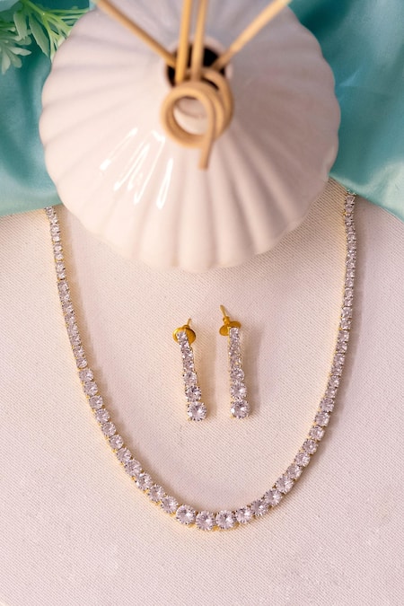 Shop_Ishhaara_Gold Plated Crystals Cubic Zirconia Embellished Necklace Set _at_Aza_Fashions