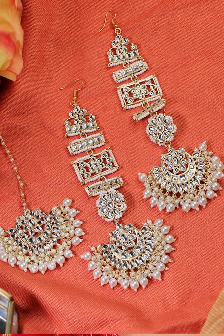 Shop Ishhaara Gold Plated Stones, Pearls Studded Chandbalis With Maangtikka at Aza Fashions Shop_Ishhaara_Gold Plated Stones, Pearls Studded Chandbalis With Maangtikka _at_Aza_Fashions