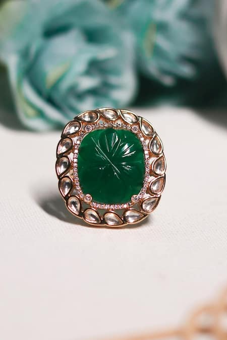 Intricate design circular pearly hanging ring with ruby,green and kund –  Odara Jewellery