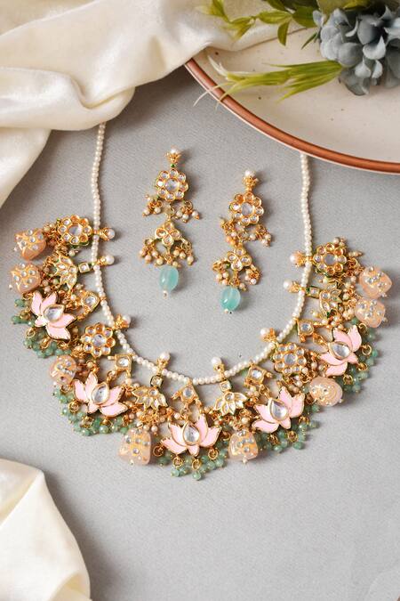 Ishhaara Lotus Kundan Embellished Necklace Set 