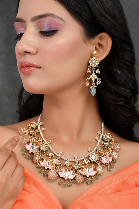 Ishhaara Lotus Kundan Embellished Necklace Set 