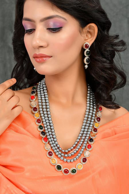 Ishhaara Multi Color Kundan Stones Embellished Layered Necklace Set 