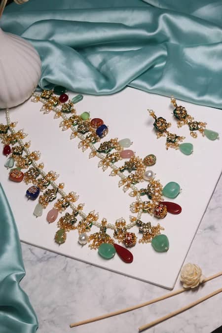 Shop Ishhaara Multi Color Embroidery Stone Embellished Necklace Set at Aza Fashions Shop_Ishhaara_Multi Color Embroidery Stone Embellished Necklace Set _at_Aza_Fashions