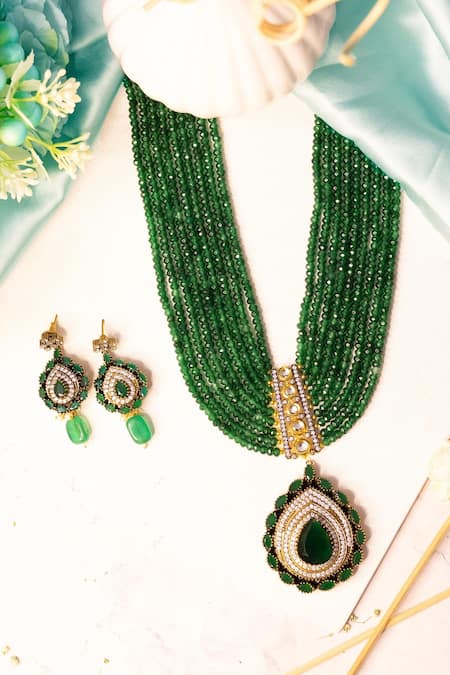 Shop Ishhaara Green Diamonds, Stones American Embellished Necklace Set at Aza Fashions Shop_Ishhaara_Green Diamonds, Stones American Embellished Necklace Set _at_Aza_Fashions
