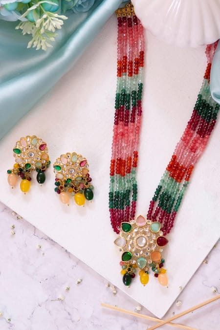 Shop Ishhaara Multi Color Stones Navaratna Embellished Necklace Set at Aza Fashions Shop_Ishhaara_Multi Color Stones Navaratna Embellished Necklace Set _at_Aza_Fashions