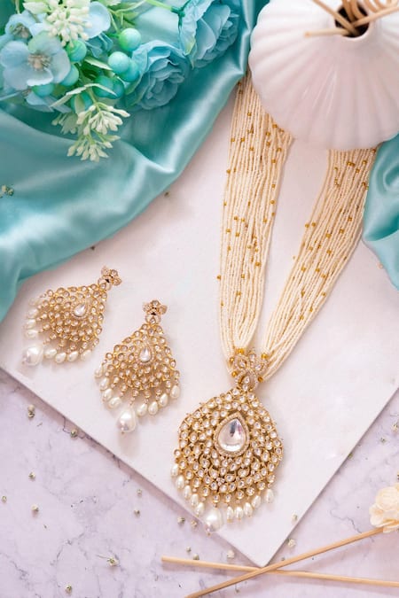 Shop_Ishhaara_White Embroidery Pearl Embellished Necklace Set _at_Aza_Fashions