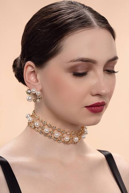 Shop Isharya White Pearl Amara Embellished Choker Necklace Online at Aza Fashions Shop_Isharya_White Pearl Amara Embellished Choker Necklace_Online_at_Aza_Fashions