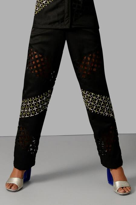 Devina Juneja Black Crepe Woven Scrap Leather Panelled Pant Online at Aza Fashions Devina Juneja_Black Crepe Woven Scrap Leather Panelled Pant _Online_at_Aza_Fashions