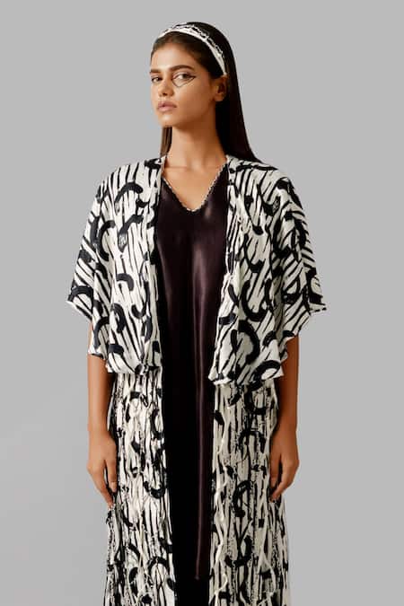 Shop Devina Juneja Black Satin, Georgette V-neck Nolita Dress at Aza Fashions Shop_Devina Juneja_Black Satin, Georgette V-neck Nolita Dress _at_Aza_Fashions