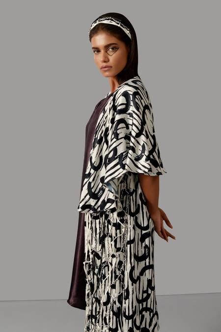 Devina Juneja_Black Satin Tassels Open Neck Geometric Print Panelled Jacket _Online_at_Aza_Fashions