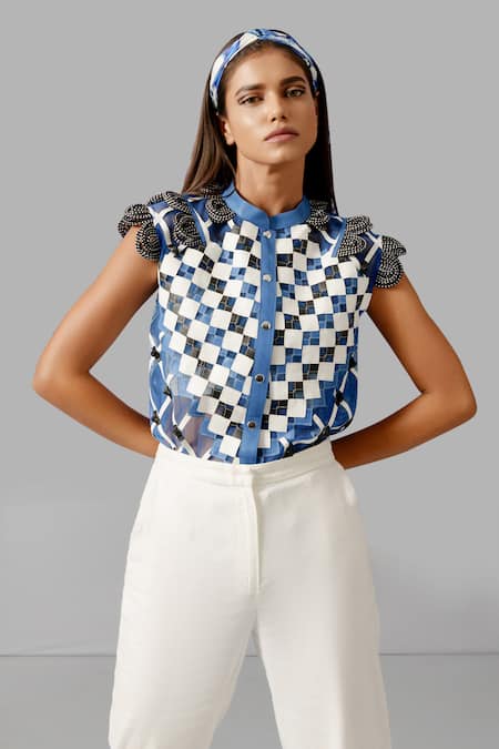 Devina Juneja Blue Tulle Embroidery Bandeau Neck Camouflage Loop Cord Shirt