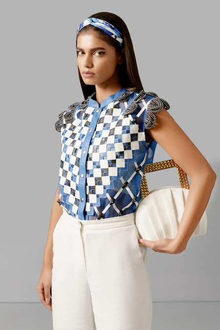 Shop Devina Juneja Blue Tulle Embroidery Bandeau Neck Camouflage Loop Cord Shirt at Aza Fashions Shop_Devina Juneja_Blue Tulle Embroidery Bandeau Neck Camouflage Loop Cord Shirt _at_Aza_Fashions