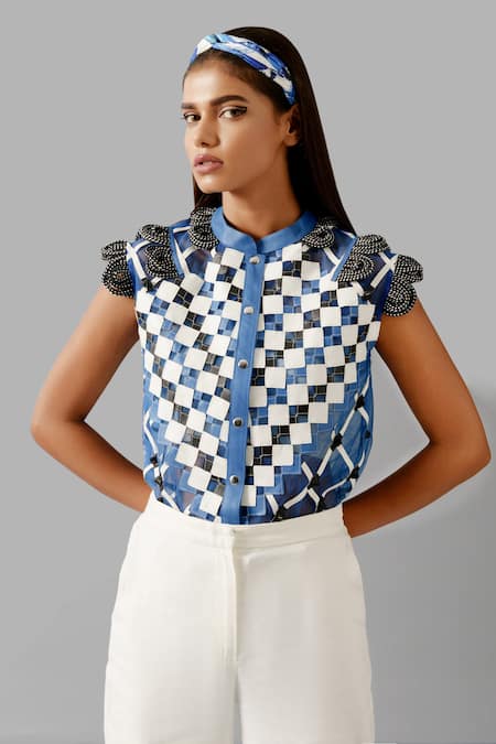 Buy Devina Juneja Blue Tulle Embroidery Bandeau Neck Camouflage Loop Cord Shirt Online at Aza Fashions Buy_Devina Juneja_Blue Tulle Embroidery Bandeau Neck Camouflage Loop Cord Shirt _Online_at_Aza_Fashions