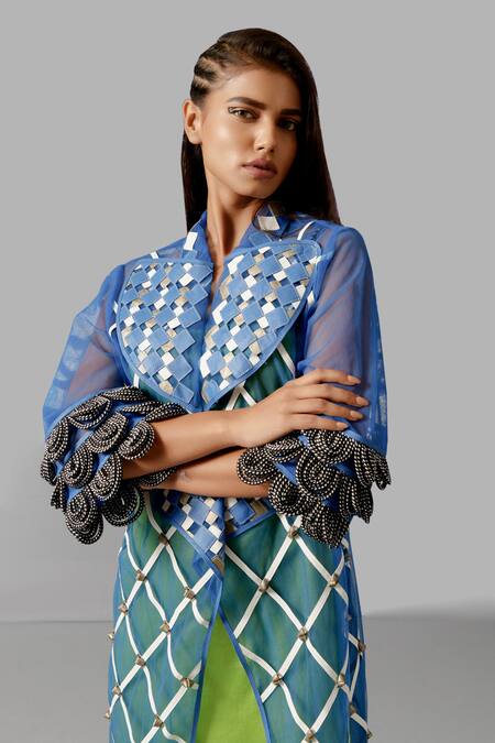 Devina Juneja_Blue Tulle Collared Camouflage Knot Kimono _Online_at_Aza_Fashions