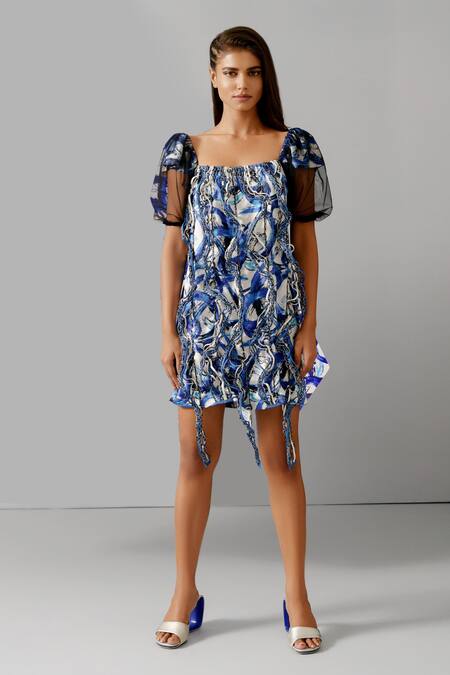 Devina Juneja Blue Satin Metallic Thread Square Neck Camouflage Tassel Short Dress