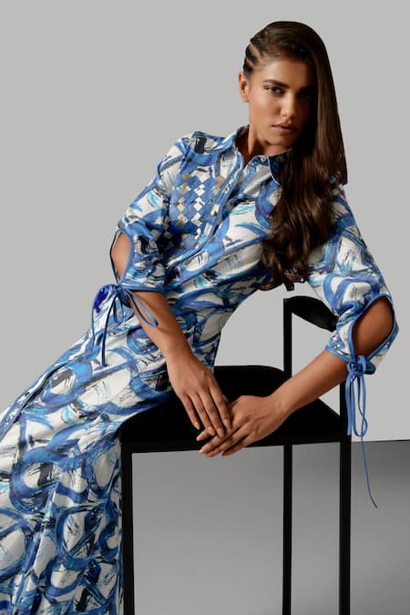 Shop Devina Juneja Blue Cotton Applique Shawl Neck Camouflage Dress at Aza Fashions Shop_Devina Juneja_Blue Cotton Applique Shawl Neck Camouflage Dress _at_Aza_Fashions