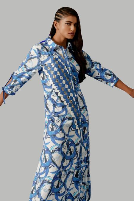 Devina Juneja Blue Cotton Applique Shawl Neck Camouflage Dress Online at Aza Fashions Devina Juneja_Blue Cotton Applique Shawl Neck Camouflage Dress _Online_at_Aza_Fashions