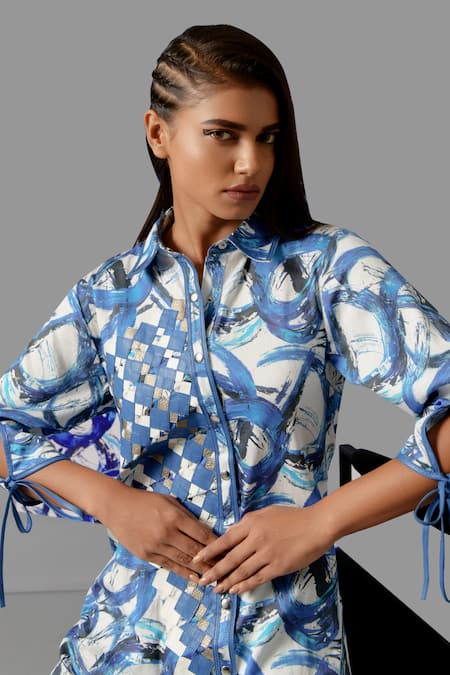 Buy Devina Juneja Blue Cotton Applique Shawl Neck Camouflage Dress Online at Aza Fashions Buy_Devina Juneja_Blue Cotton Applique Shawl Neck Camouflage Dress _Online_at_Aza_Fashions