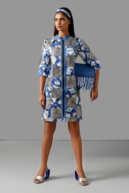 Devina Juneja Blue Satin Sequins Bandeau Neck Camouflage Dress