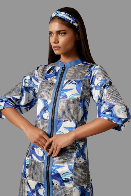 Shop Devina Juneja Blue Satin Sequins Bandeau Neck Camouflage Dress at Aza Fashions Shop_Devina Juneja_Blue Satin Sequins Bandeau Neck Camouflage Dress _at_Aza_Fashions