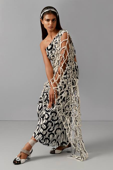 Buy_Devina Juneja_Black Satin One Shoulder Printed Draped Dress _Online_at_Aza_Fashions