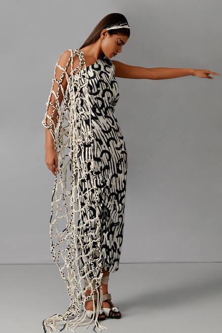 Devina Juneja_Black Satin One Shoulder Printed Draped Dress _Online_at_Aza_Fashions