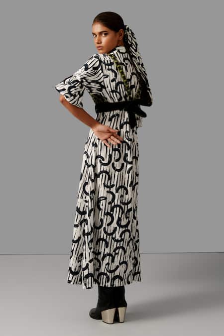 Shop Devina Juneja Black Leather, Cotton Cut Work V-neck, Printed Shirt Dress And Bralette Set at Aza Fashions Shop_Devina Juneja_Black Leather, Cotton Cut Work V-neck, Printed Shirt Dress And Bralette Set _at_Aza_Fashions