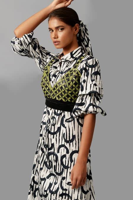 Buy Devina Juneja Black Leather, Cotton Cut Work V-neck, Printed Shirt Dress And Bralette Set Online at Aza Fashions Buy_Devina Juneja_Black Leather, Cotton Cut Work V-neck, Printed Shirt Dress And Bralette Set _Online_at_Aza_Fashions
