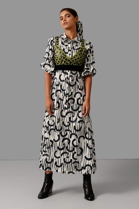 Shop Devina Juneja Black Leather, Cotton Cut Work V-neck, Printed Shirt Dress And Bralette Set Online at Aza Fashions Shop_Devina Juneja_Black Leather, Cotton Cut Work V-neck, Printed Shirt Dress And Bralette Set _Online_at_Aza_Fashions