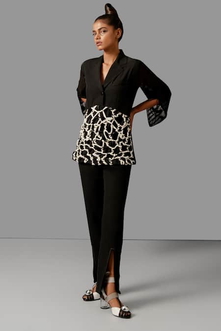 Devina Juneja Black Crepe, Tulle Patchwork Dori Work Panelled Blazer