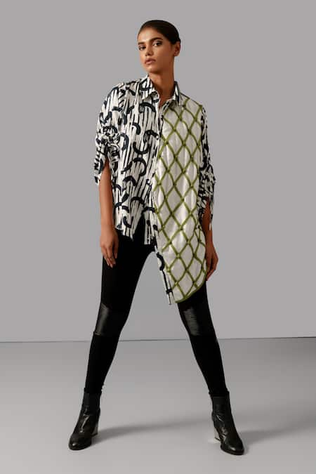 Devina Juneja Black Pure Cotton Printed And Knotted Geometric Asymmetric Shirt  