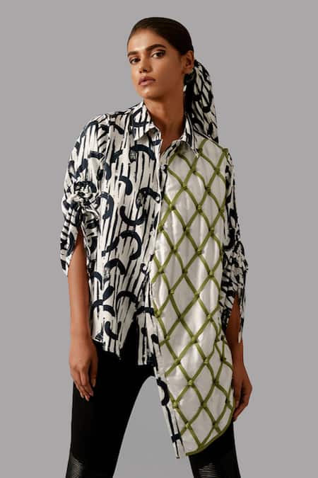 Devina Juneja Black Cotton Collared Geometric Print Asymmetric Shirt Online at Aza Fashions Devina Juneja_Black Cotton Collared Geometric Print Asymmetric Shirt _Online_at_Aza_Fashions