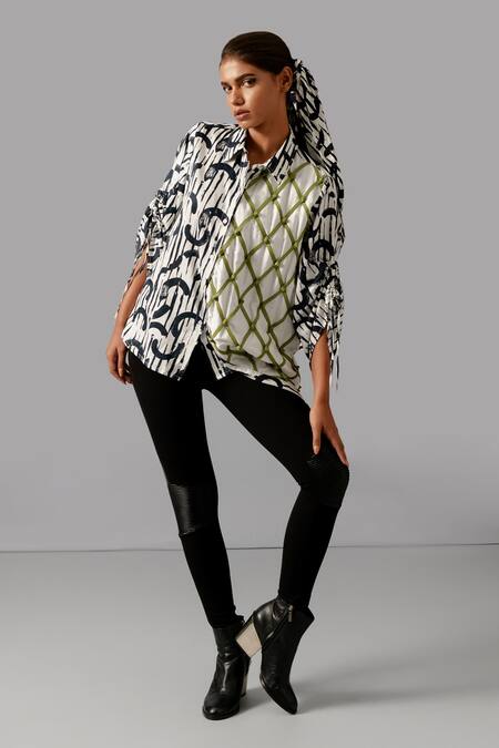 Buy Devina Juneja Black Cotton Collared Geometric Print Asymmetric Shirt Online at Aza Fashions Buy_Devina Juneja_Black Cotton Collared Geometric Print Asymmetric Shirt _Online_at_Aza_Fashions