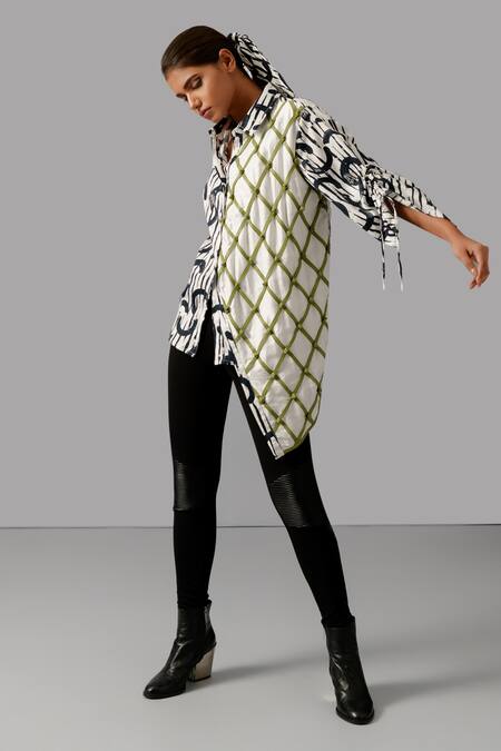 Shop Devina Juneja Black Cotton Collared Geometric Print Asymmetric Shirt Online at Aza Fashions Shop_Devina Juneja_Black Cotton Collared Geometric Print Asymmetric Shirt _Online_at_Aza_Fashions