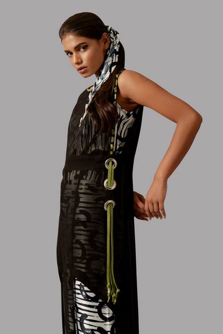 Devina Juneja_Black Satin, Georgette Tassels, Embroidery Asymmetric Overlay Printed Pant Set _Online_at_Aza_Fashions