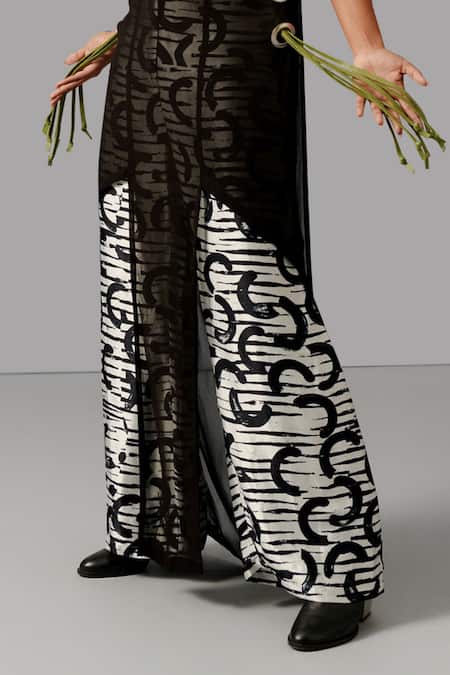 Buy_Devina Juneja_Black Satin, Georgette Tassels, Embroidery Asymmetric Overlay Printed Pant Set _Online_at_Aza_Fashions