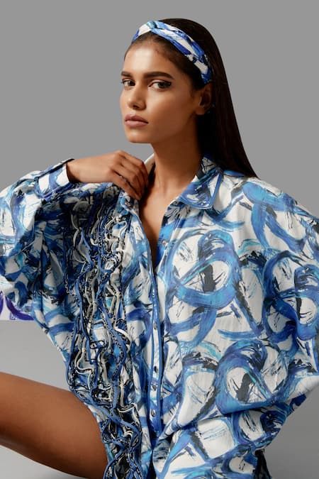 Devina Juneja Blue Cotton Embroidery Collared Camouflage Oversized Shirt Online at Aza Fashions Devina Juneja_Blue Cotton Embroidery Collared Camouflage Oversized Shirt _Online_at_Aza_Fashions