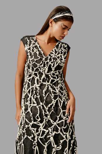 Devina Juneja_Black Lurex, Crepe V-neck Dori Work Panelled Dress _Online_at_Aza_Fashions