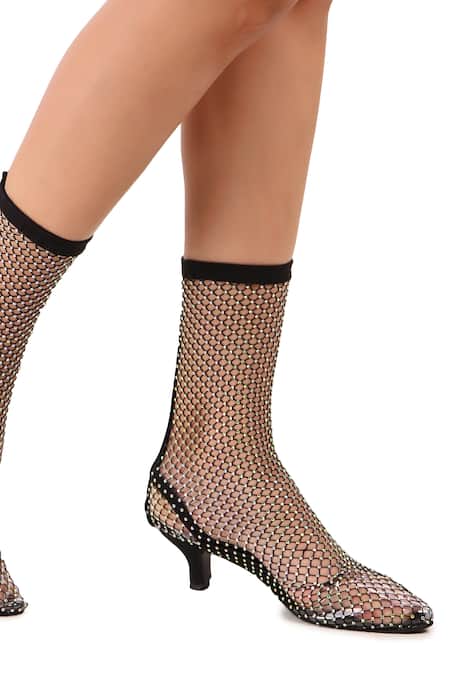 Shop Zori World Black Rhinestones Glitz Mesh Boots Shop_Zori World_Black Rhinestones Glitz Mesh Boots
