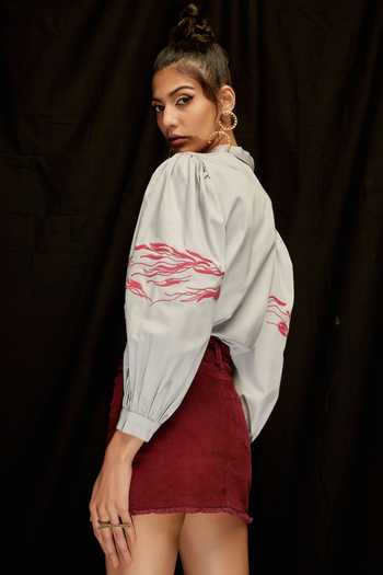 Pocketful Of Cherrie_Grey Cotton Satin Embroidery Collared Balloon Sleeve Shirt_Online_at_Aza_Fashions