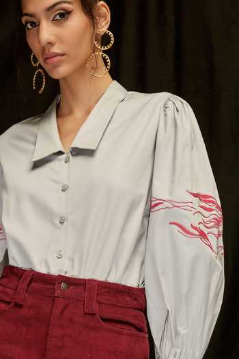Buy_Pocketful Of Cherrie_Grey Cotton Satin Embroidery Collared Balloon Sleeve Shirt_Online_at_Aza_Fashions