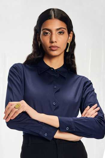 Pocketful Of Cherrie_Blue Cotton Satin Cut Work Collared Scallop Placket Shirt_Online_at_Aza_Fashions