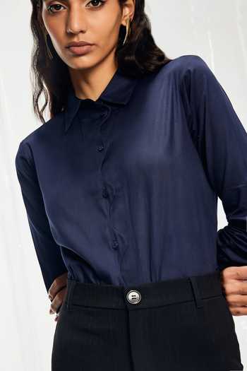 Buy_Pocketful Of Cherrie_Blue Cotton Satin Cut Work Collared Scallop Placket Shirt_Online_at_Aza_Fashions