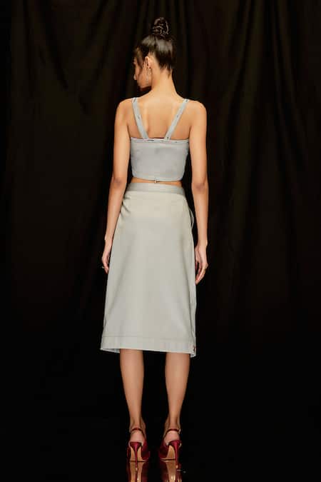 Shop Pocketful Of Cherrie Grey Twill, Cotton Embroidery Sweetheart Neck Strap Crop Top at Aza Fashions Shop_Pocketful Of Cherrie_Grey Twill, Cotton Embroidery Sweetheart Neck Strap Crop Top_at_Aza_Fashions