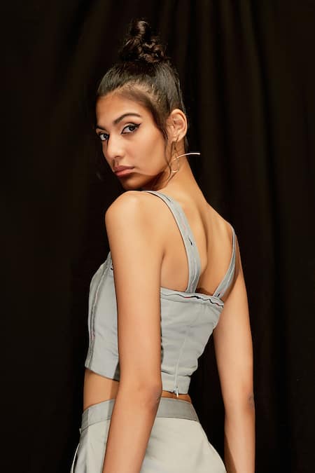 Pocketful Of Cherrie Grey Twill, Cotton Embroidery Sweetheart Neck Strap Crop Top Online at Aza Fashions Pocketful Of Cherrie_Grey Twill, Cotton Embroidery Sweetheart Neck Strap Crop Top_Online_at_Aza_Fashions
