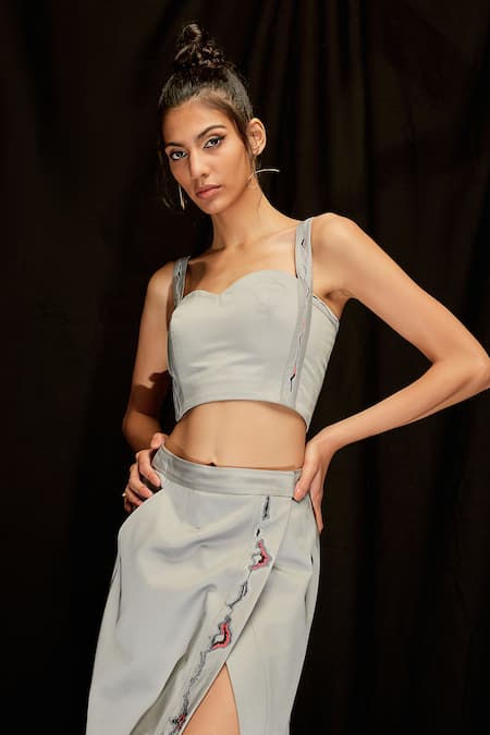 Shop Pocketful Of Cherrie Grey Twill, Cotton Embroidery Sweetheart Neck Strap Crop Top Online at Aza Fashions Shop_Pocketful Of Cherrie_Grey Twill, Cotton Embroidery Sweetheart Neck Strap Crop Top_Online_at_Aza_Fashions