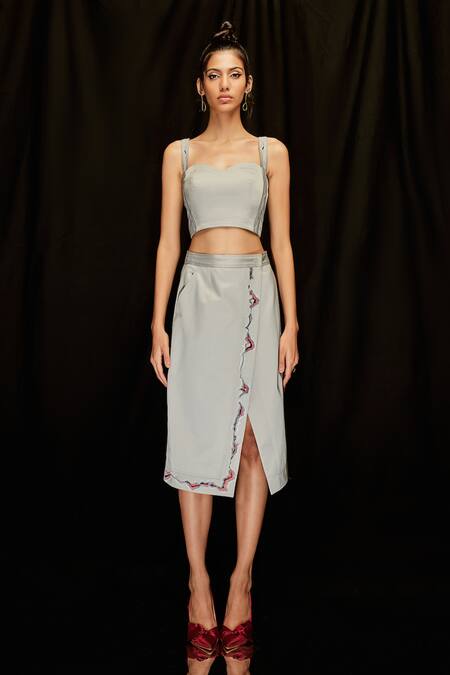 Pocketful Of Cherrie Grey Twill, Cotton Embroidery Sweetheart Neck Strap Crop Top at Aza Fashions Pocketful Of Cherrie_Grey Twill, Cotton Embroidery Sweetheart Neck Strap Crop Top_at_Aza_Fashions