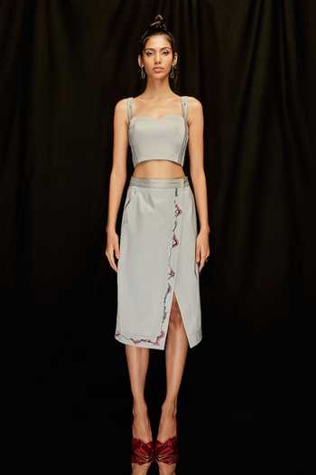 Buy_Pocketful Of Cherrie_Grey Cotton Embroidery High Slit Wrap Skirt_Online_at_Aza_Fashions