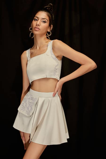 Shop Pocketful Of Cherrie Grey Satin, Silk Embroidery Square Neck Placement Crop Top Online at Aza Fashions Shop_Pocketful Of Cherrie_Grey Satin, Silk Embroidery Square Neck Placement Crop Top_Online_at_Aza_Fashions