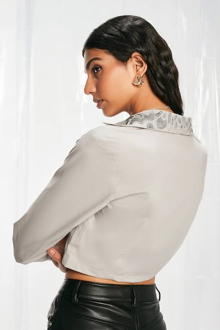 Shop Pocketful Of Cherrie Grey Satin, Cotton Embroidery Collared Hand Spread Shirt at Aza Fashions Shop_Pocketful Of Cherrie_Grey Satin, Cotton Embroidery Collared Hand Spread Shirt_at_Aza_Fashions